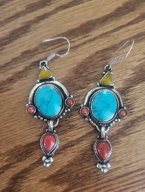 Tibetan Silver, Turquoise, Coral & Copal Drop Earrings